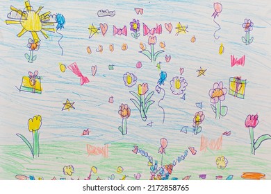 Children's Colorful Drawing With A Pencil And Pen Of A Ukrainian Girl, Art Therapy