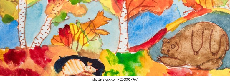 children's diy watercolor drawing - the bear is lying underground and the fox is standing in the bushes on fallen yellow red leaves in the autumn forest under the blue sky. kids art handmade painting