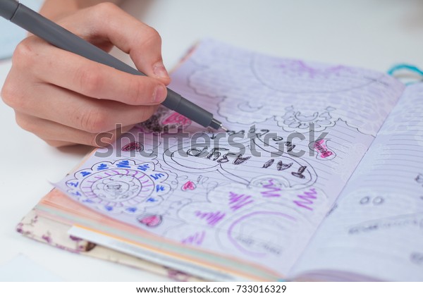 Childrens Drawings Albums Hands Pencils On 스톡 사진(지금 편집) 733016329