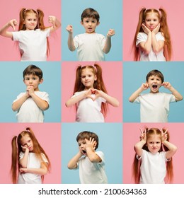 Children's emotions. Set of images of emotional little cute kids, boy and girl isolated on blue and pink background. Friends, love, care, familiy, emotion, facial expression and childhood concept.