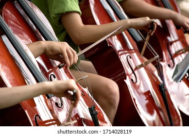 Children's fingers drawing bows across the fingerboards of shiny cellos during outdoor performance - Shutterstock ID 1714028119