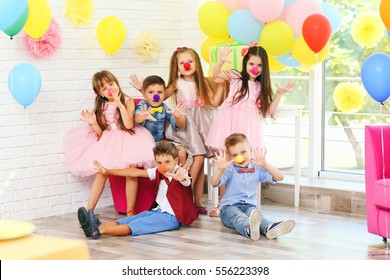 Children's Funny Birthday Party In Decorated Room