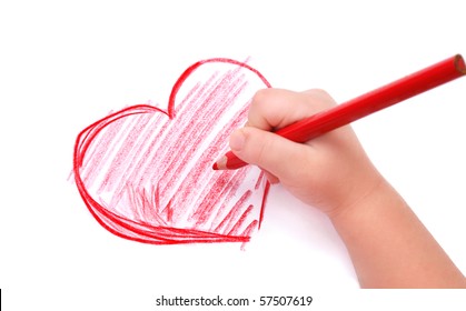 Childrens hand with pencil draws the heartl, isolated - Powered by Shutterstock