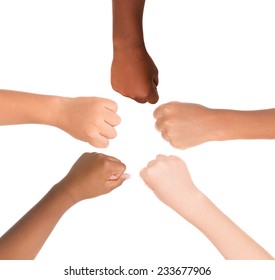 Children's hands from different colors and races together isolated in white
