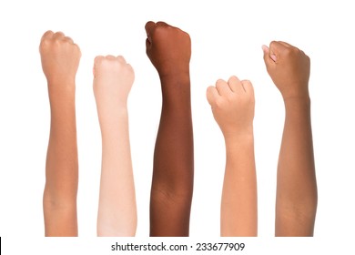 Children's hands from different colors and races together isolated in white