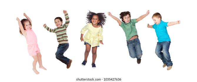 Childrens jumping toguether isolated on a white background - Shutterstock ID 1035427636