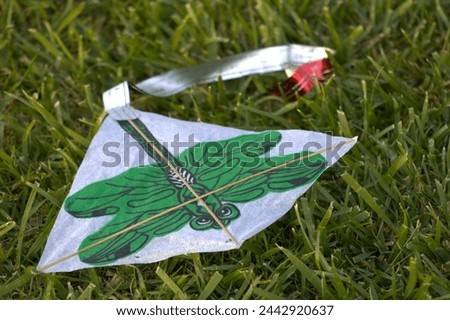 children's kite with green dragonfly design and metallic ribbon laying on grass