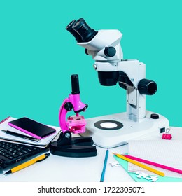 Children's Microscope And Adult Professional Microscope Nearby, Learning Environment, Professional Growth, Transfer Of Experience