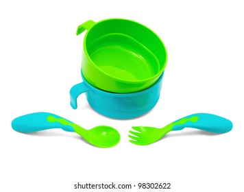 children's plastic tableware isolated on a white background with clipping path