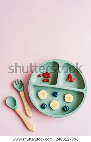 Similar – Hand holding a child’s plate of fresh fruit. Top view.