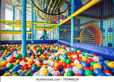 Children's Playground Indoor, Inside Plastic Structure For Active Games And Development Of Motor Skills. Large Dry Pool, Ball Pit In Playroom. Kids Gym, Colorful Playground In Kindergarten.