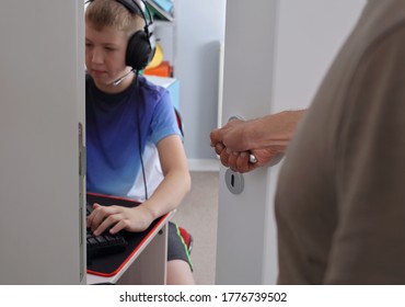 Children's Privacy And Personal Space Concept. Parent Opening Child's Bedroom Door Without Knocking