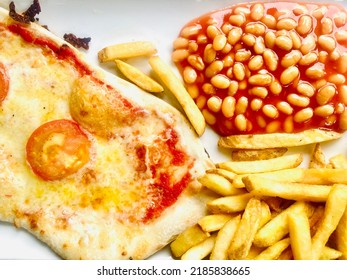 Childrens Pub Meal With Pizza, Baked Beans And Chips