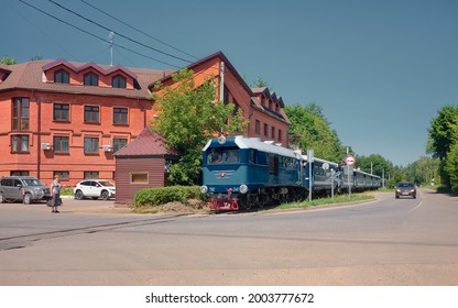 Childrens Railway, Railway Train Moves Along The Streets Of The City, Stylized: Zhukovsky, Russia - July 07, 2021