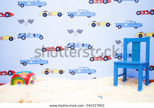 Childrens Room Blue Boy Wallpaper Cars Stock Photo Edit Now