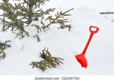 Children's Shovel In The Snow Under The Christmas Tree.