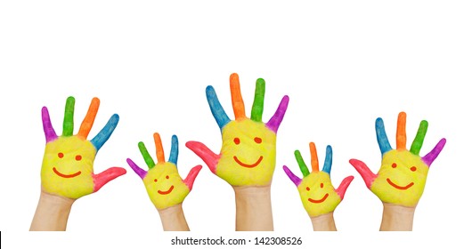 Children's Smiling Colorful Hands Raised Up. The Concept Of Classroom Or Back To School. Isolated On White Background