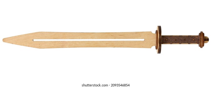 Children's Sword. Wooden Blade. Isolate On A White Background. Toy Weapon.