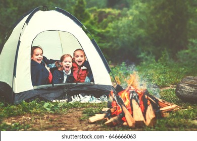 Children's tourism. Happy kids  girls in campaign in a tent near fire