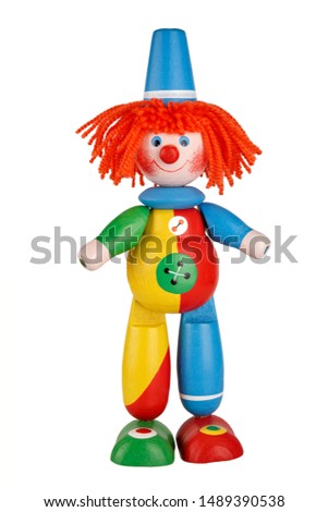 children's toy circus clown isolated on white background, circus performance concept