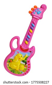 Children's Toy Guitar Made Of Colored Plastic On A White Background