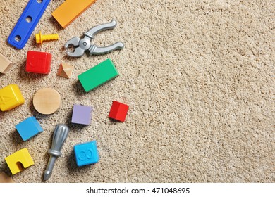 Children's Toys On Carpet, Top View