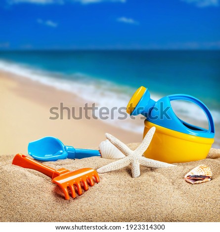 children's toys for playing on the sand. Children's shovel, bucket and molds for the sandbox on the background of the sea