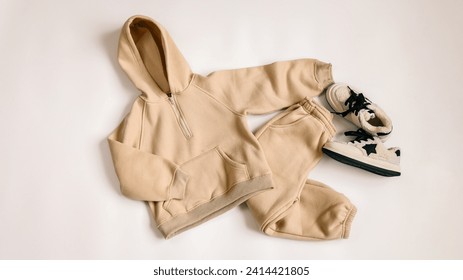 Children's tracksuits on a white background, advertising.