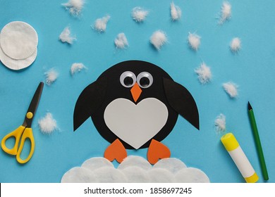 Children's winter craft Penguin made paper   cotton wool  Children's art project  DIY concept  Easy craft for kids