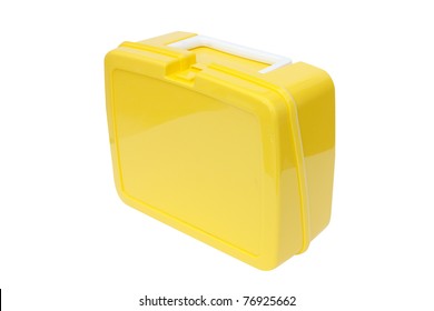 Children's Yellow Plastic Lunchbox On A White Background