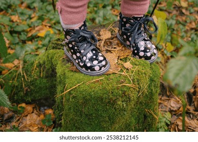 Child's Boots Standing on Mossy Tree Stump in Autumn Forest Setting - Powered by Shutterstock