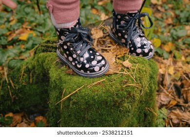 Child's Boots Standing on Mossy Tree Stump in Autumn Forest Setting - Powered by Shutterstock