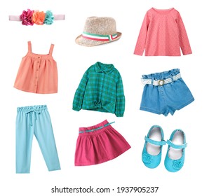 Child's Clothes Isolated On White.Kid's Clothing Collage.Girl's Wear.Colorful Fashion Apparel.