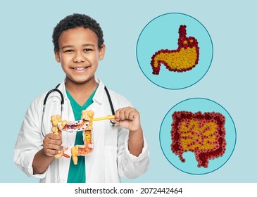 Child's Digestive System Health. African Boy Points On Anatomical Intestines Model Near Icons Of Intestines And Stomach On Blue Background