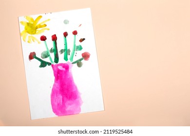 Child's Drawing. Application Of Children's Creativity. Kindergarten And Craft School. The Child Drew A Vase And Flowers.