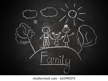 Child's Drawing With Chalk On A School Blackboard Happy Family