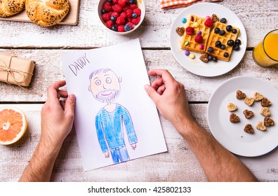 Childs Drawing Of Her Dad. Fathers Day. Breakfast Meal.