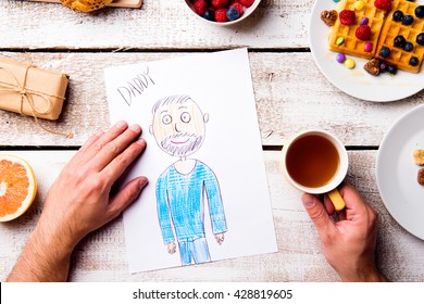 Childs Drawing Of Her Dad. Fathers Day. Breakfast Meal.