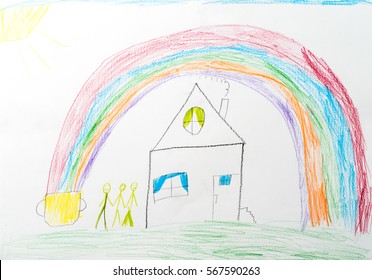 Child's Drawing. Home Rainbow And Happy Family