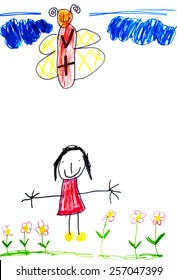 Child's drawing young girl with colorful flowers on meadow and butterfly