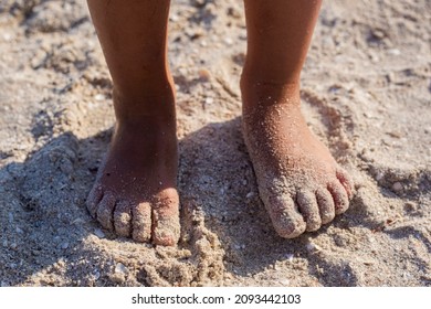 Child's Feet In The Sand On A Sandy Beach. Top View, Flat Lay