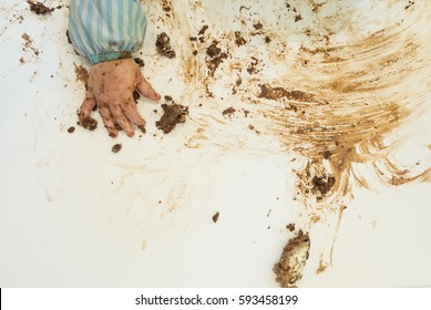 Child's First Birthday Making A Mess Eating Chocolate Birthday Cake, Dirty Hand