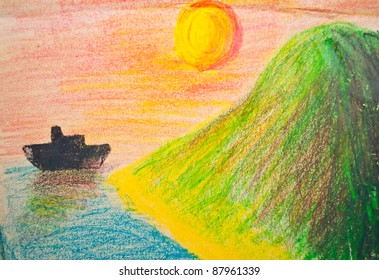 Child's hand drawing of sea and mountain landscape with crayons - Powered by Shutterstock