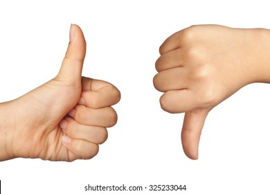 Child's hand forming like and dislike sign isolated on white background