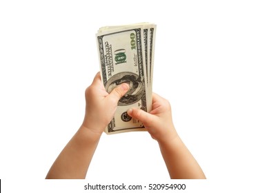 Child's Hand Holding Banknotes. Hands Holding A $ 100 Bill. Isolated On White Background. Alpha.