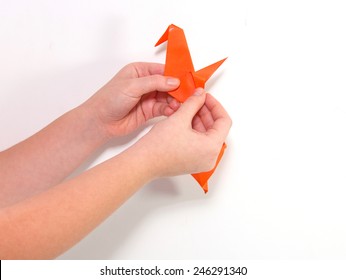 Child`s Hand Making Red Bird Origami