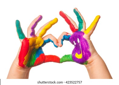 Child's hand painted watercolor in heart shape against white background - Shutterstock ID 423522757