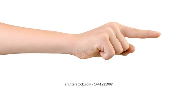 Child's hand pointing to something by forefinger, isolated on white background. Gesture of choice. Side view.