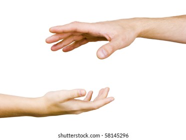 child's hand reaches for the male hand on a white background