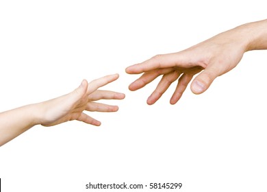 child's hand reaches for the male hand on a white background - Shutterstock ID 58145299